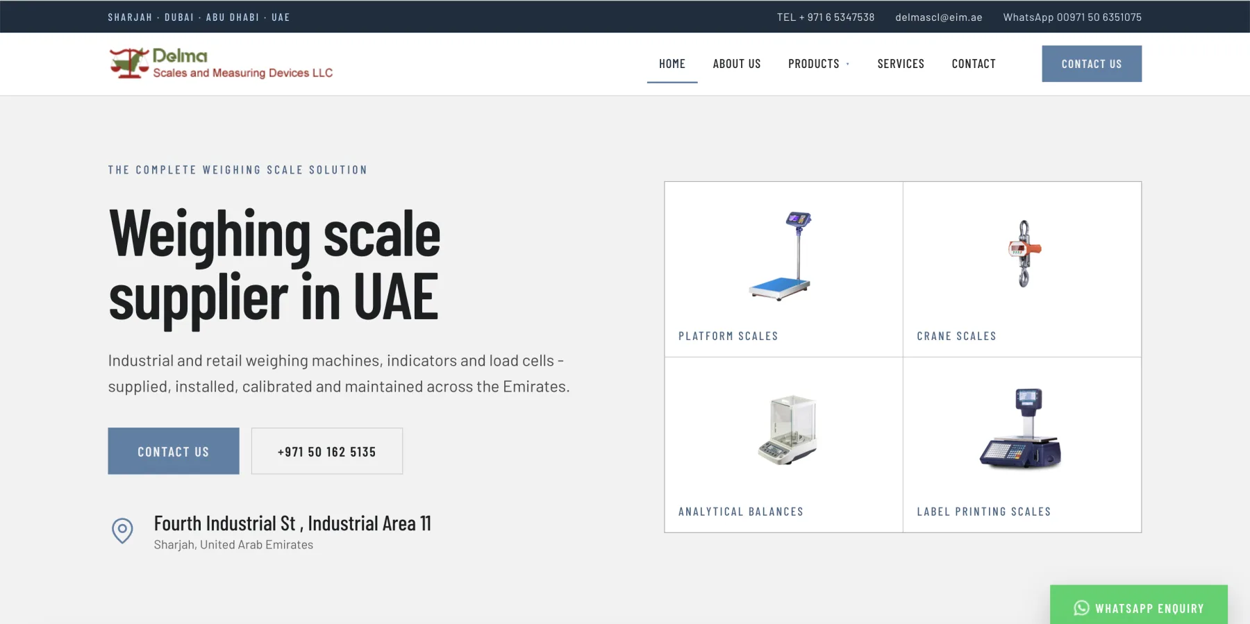 Delma Scales website home page with the headline Weighing scale supplier in UAE and product categories